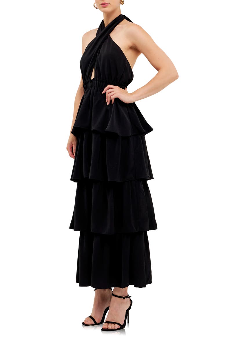 Halter Neck Tiered Maxi Dress, Alternate, color, BLACK