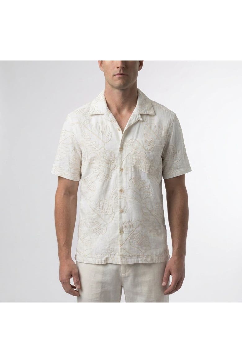 Mariner All Over Leaf Embroidery Camp Collar Shirt, Main, color, White