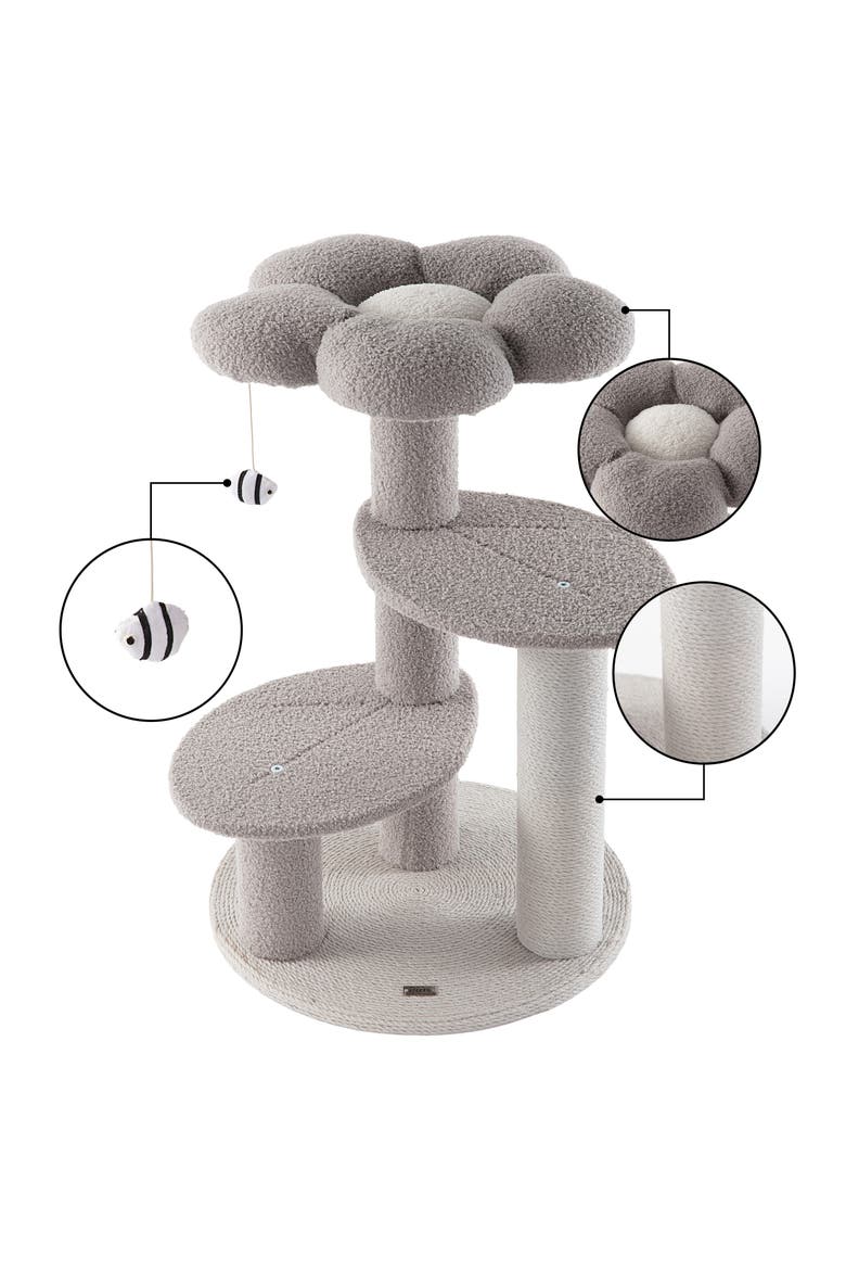 Poppy 3-Tier Modern Jute Flower Cat Tree with Dangling Toy, Alternate, color, Grey/White