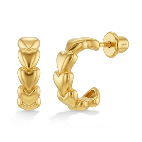 Cascading Puffed Hearts Plated Hoop Earrings