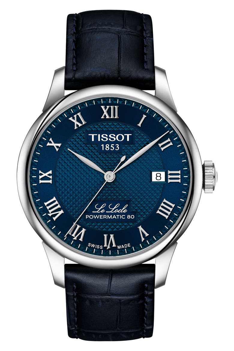 Le Locle Powermatic 80 Leather Strap Watch, 39.3mm, Main, color, BLUE