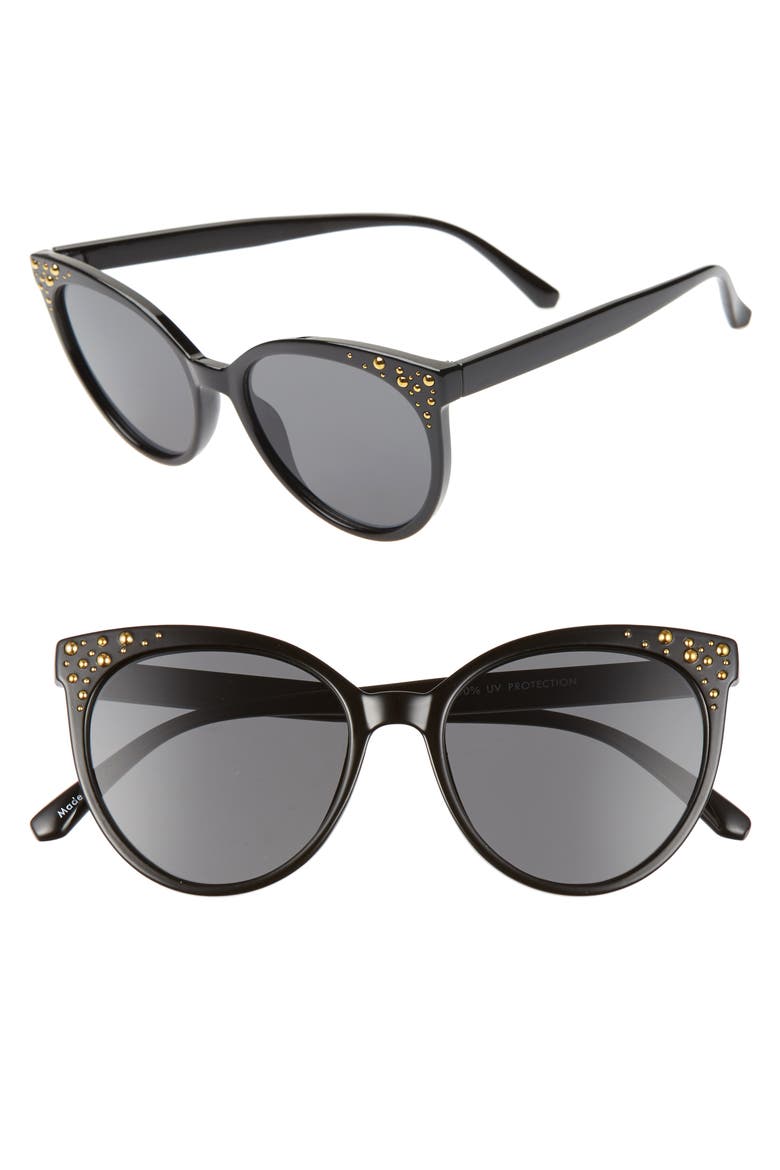 54mm Studded Cat Eye Sunglasses, Main, color, BLACK