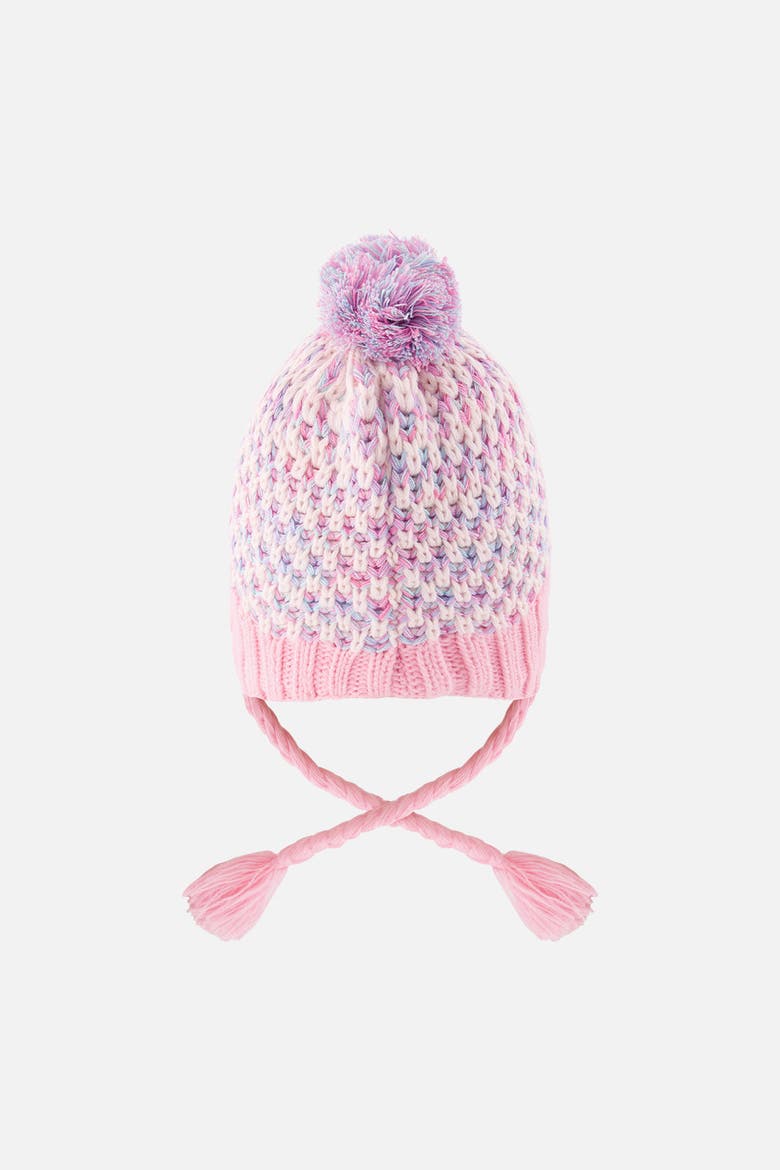 Winter Peruvian Pompom Braided Earflap Knit Hat, Alternate, color, Dusty Pink and Light Blue