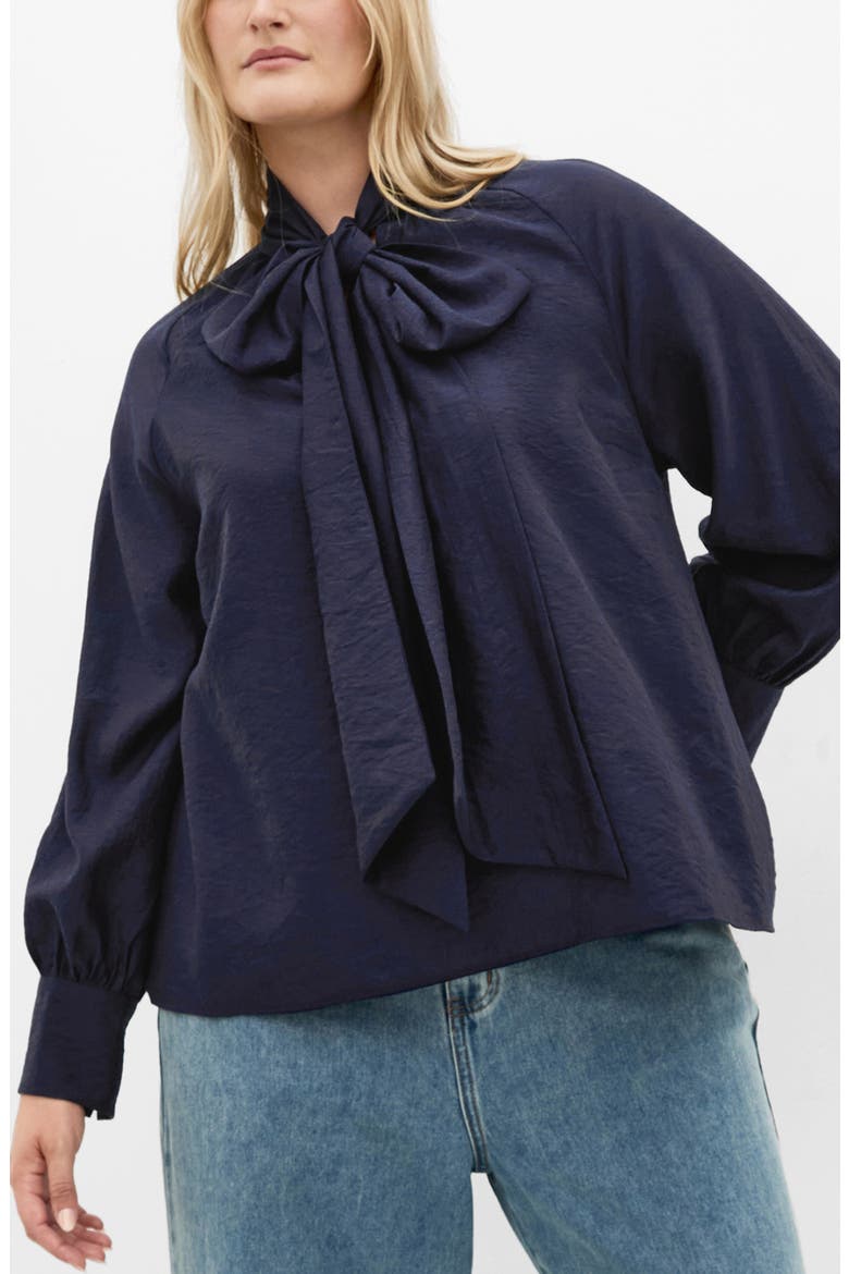Kelsey Bow Neck Long Sleeve Crepe Top, Main, color, NAVY