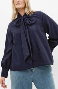 City Chic Kelsey Bow Neck Long Sleeve Crepe Top