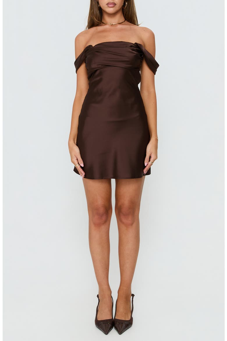 Zabbarra Off the Shoulder Satin Minidress, Main, color, BROWN