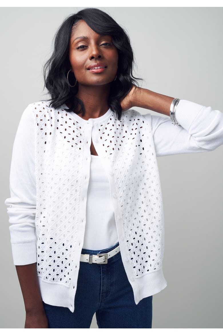Fine Gauge Eyelet Cardigan, Alternate, color, WHITE