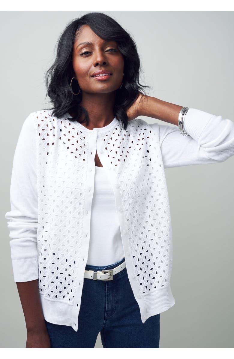 Jessica London Fine Gauge Eyelet Cardigan, Alternate, color, White