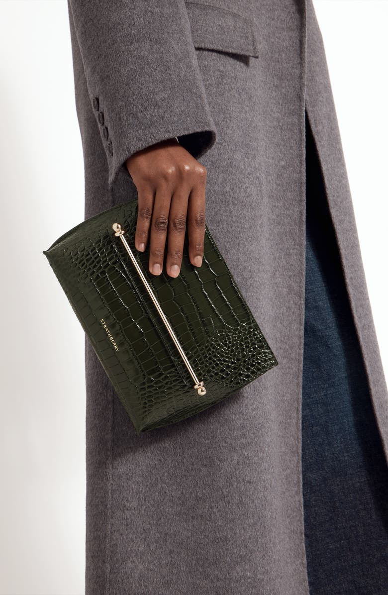 Strathberry Stylist Croc Embossed Leather Clutch, Alternate, color, Forest