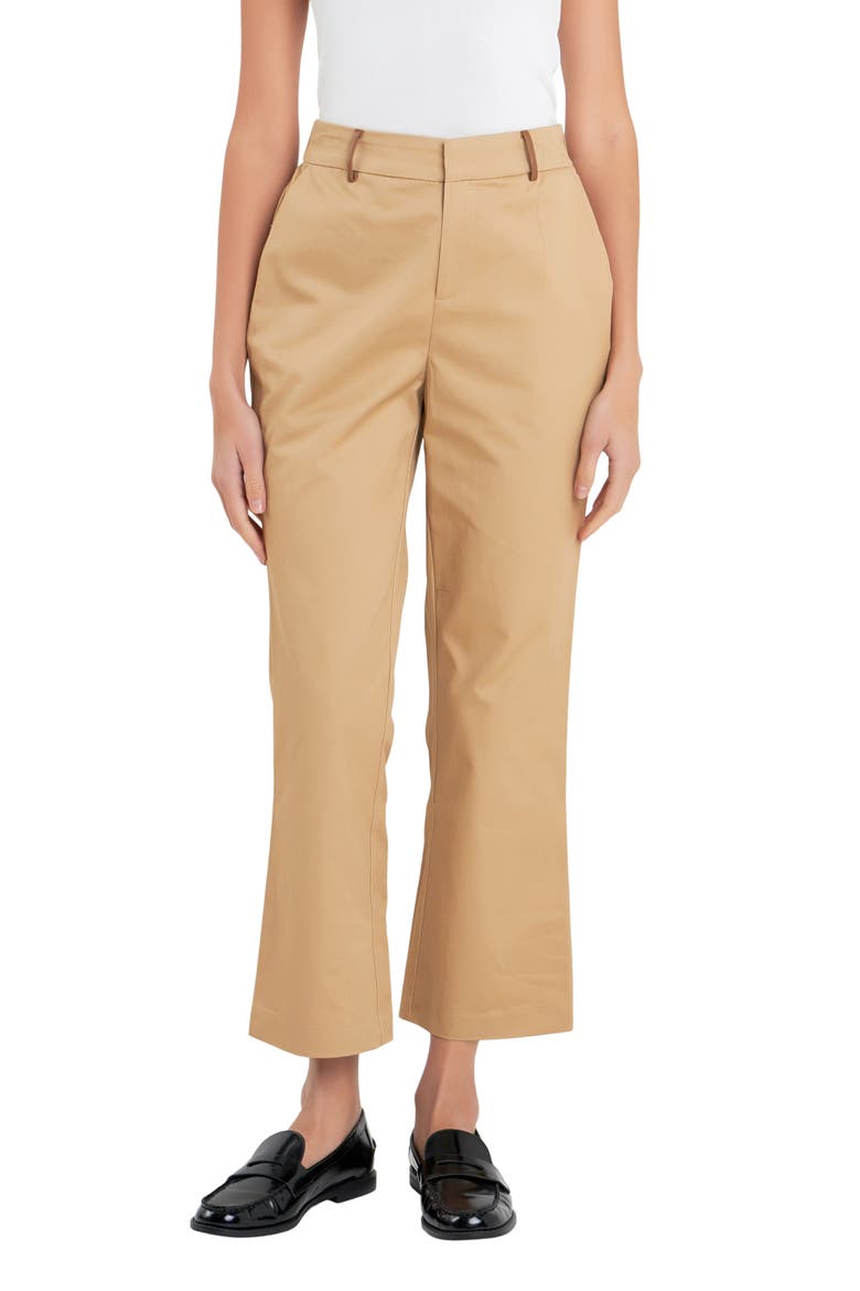 Faux Leather Trim Crop Flare Twill Pants, Main, color, TAN