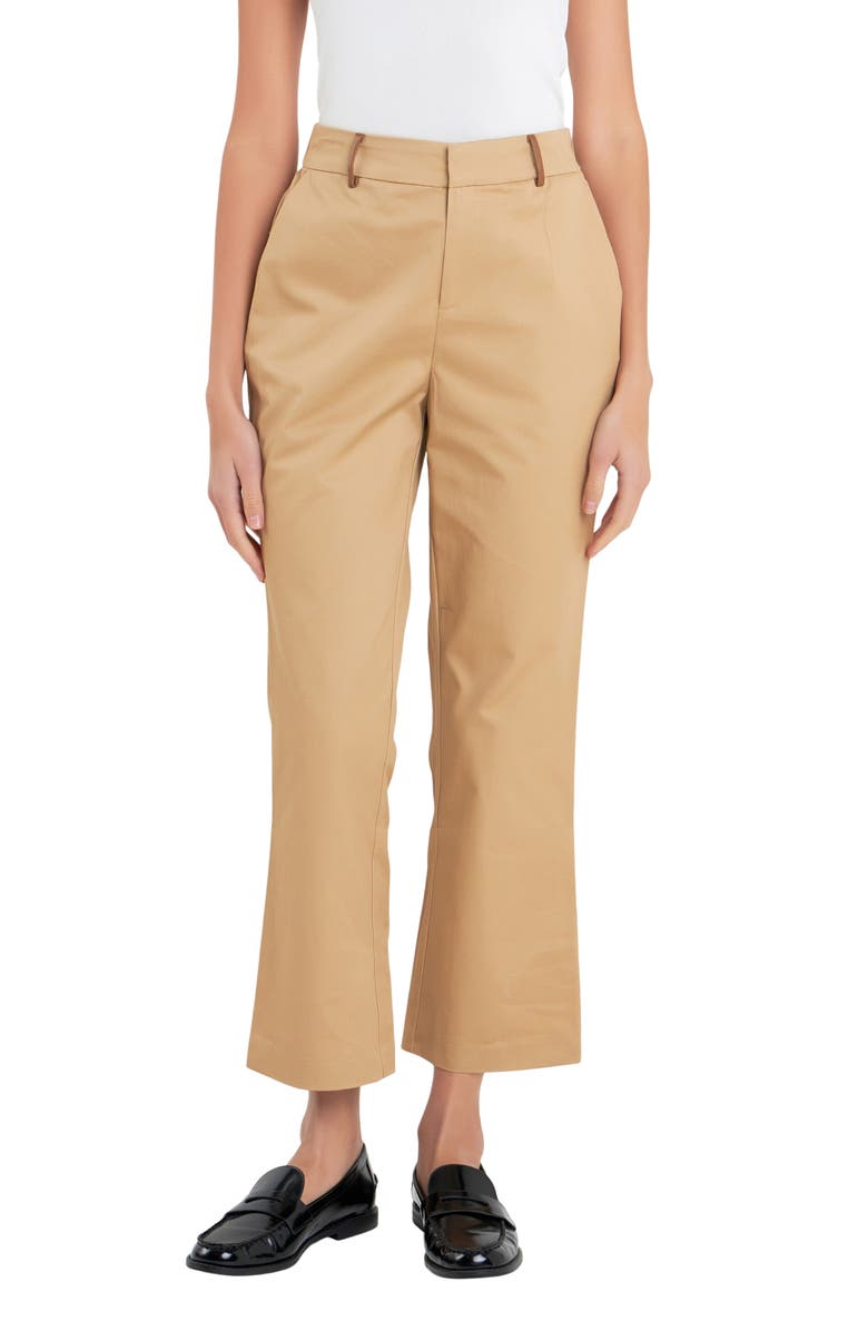 English Factory Faux Leather Trim Crop Flare Twill Pants, Main, color, Tan
