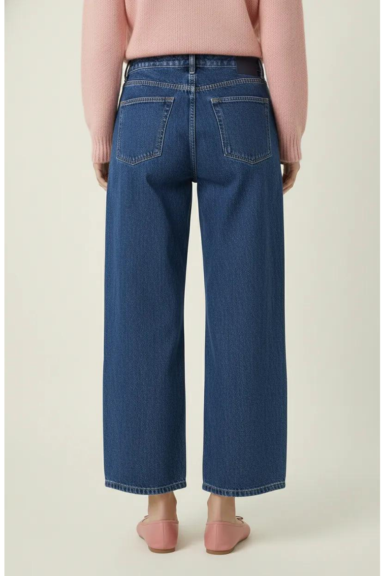 Barrel Leg Denim Pants with Contrast Seams, High Waist and Pockets, Alternate, color, Dark Blue