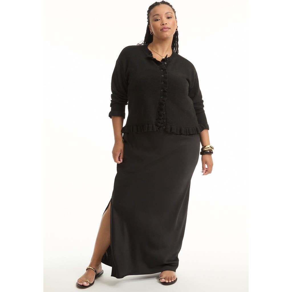 June + Vie Ruffle Hem Buttoned Sweater In Black