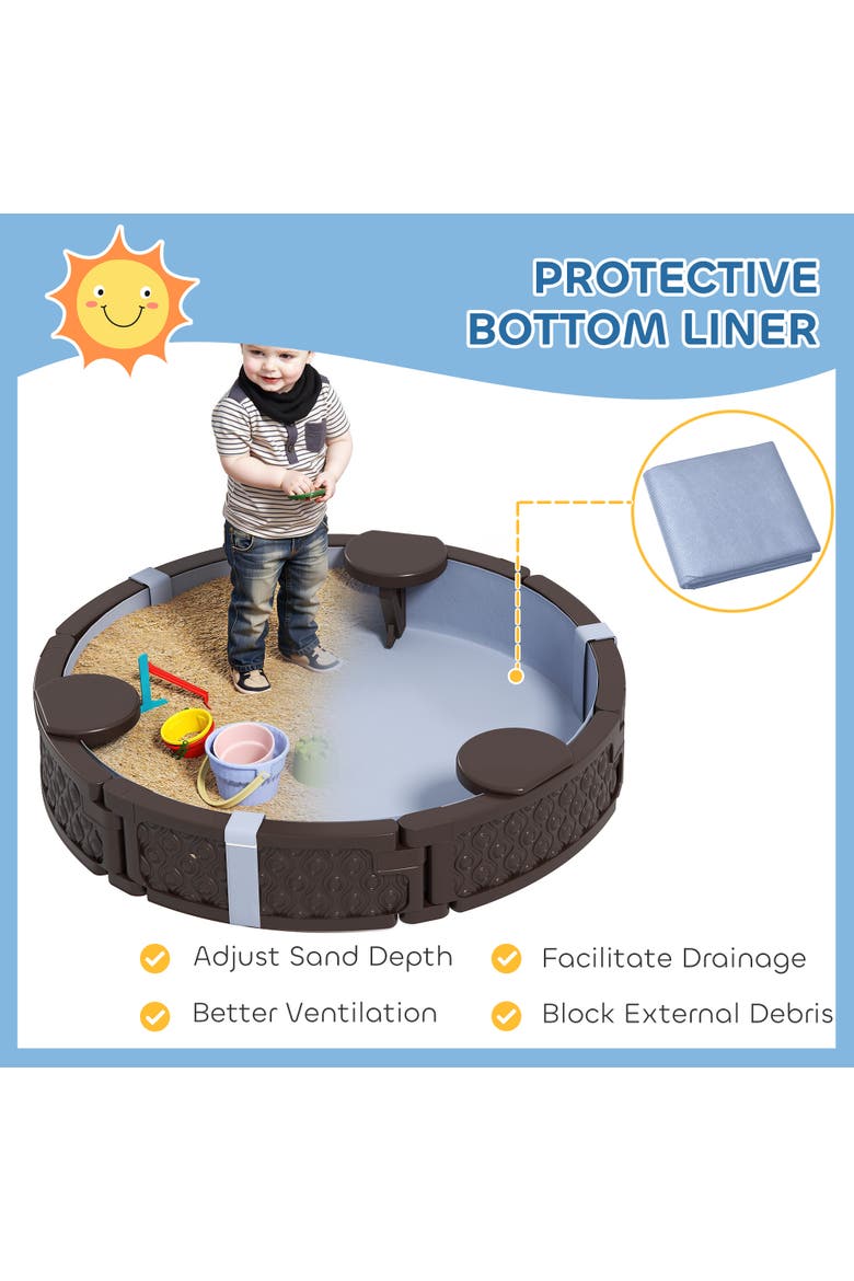 Kids Sandbox with Cover, Built-in Seating & Bottom Liner, Alternate, color, Brown