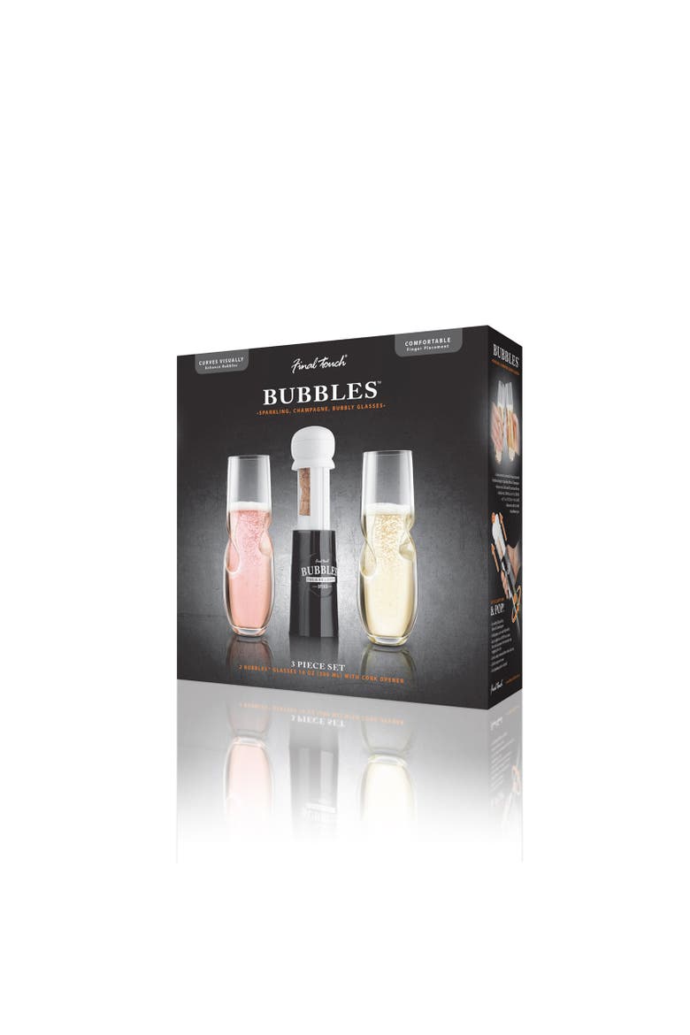 Bubbles Sparkling, Champagne, Bubbly Glass Set with Opener - 10 oz, Alternate, color, Clear