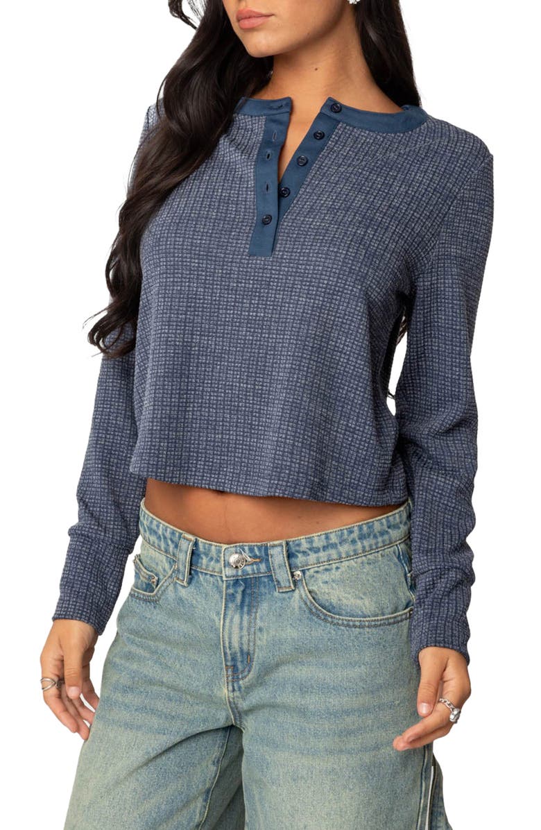 EDIKTED Ruth Waffle Knit Henley, Alternate, color, Navy