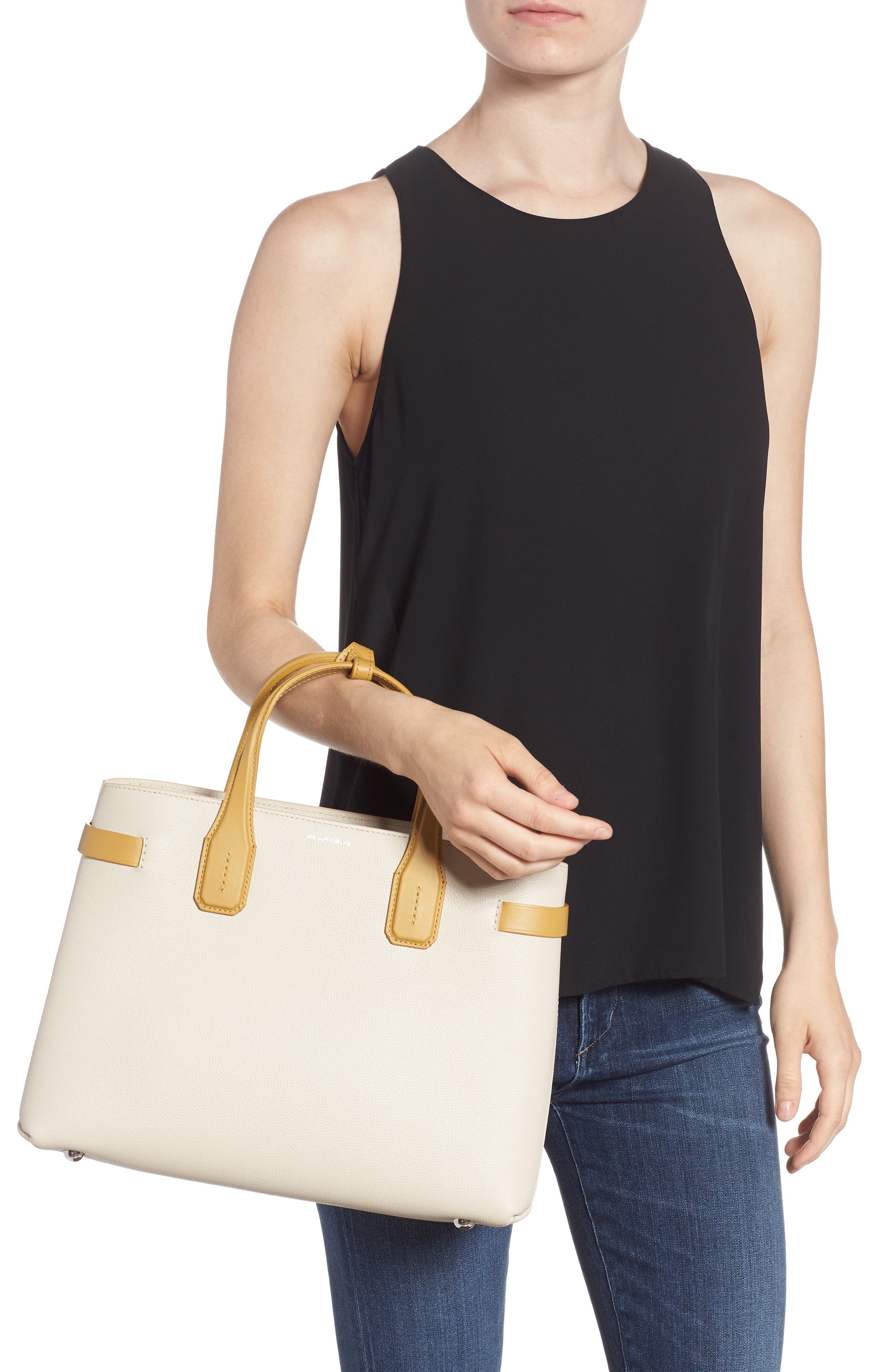Medium Banner Leather Tote, Alternate, color, LIMESTONE/ CORNFLOWER YELLOW