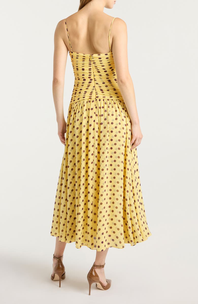 Cinq à Sept Camille Magda Ruched Polka Dot Floral Appliqué Dress, Alternate, color, Lemon Puff/ Deep Plum