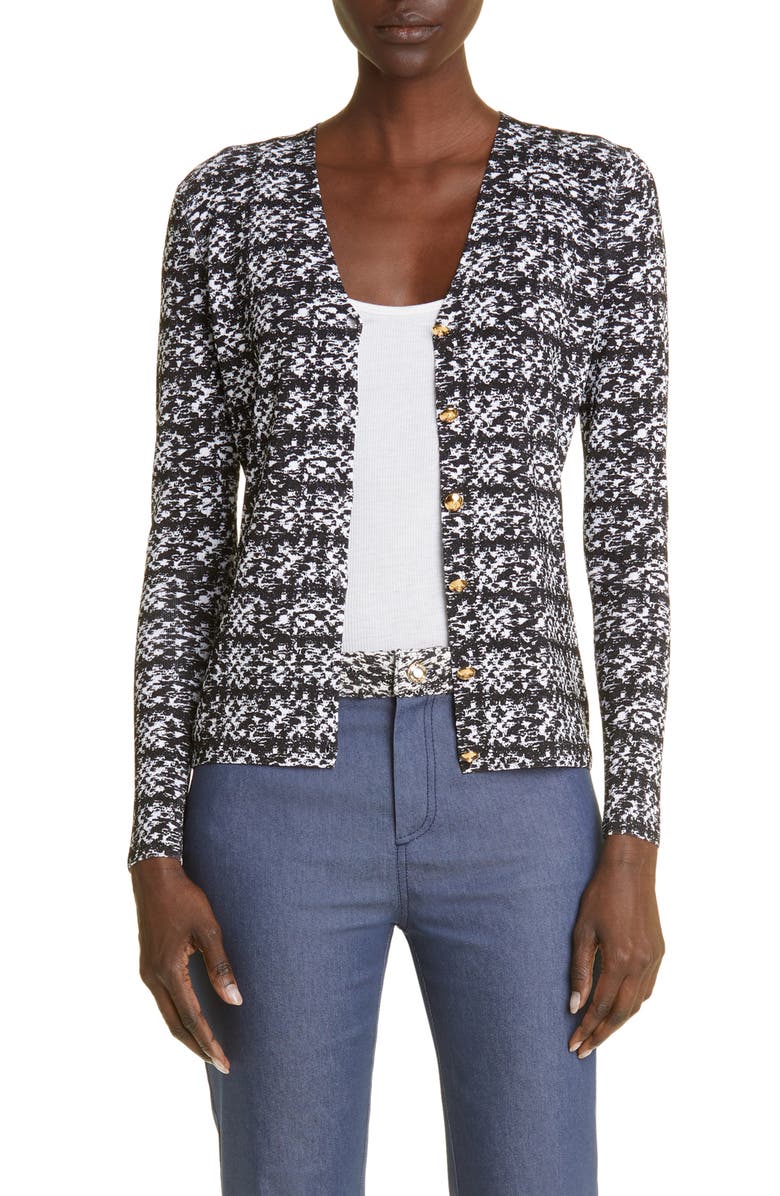 ST. JOHN Tweed Print V-Neck Jersey Cardigan, Main, color, 