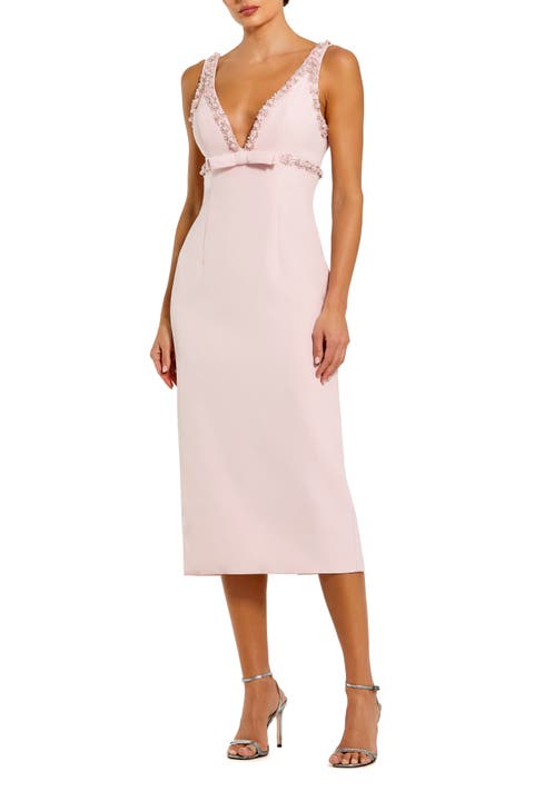 Plunging Beaded Bow Trim V Neck Fitted Midi Dress