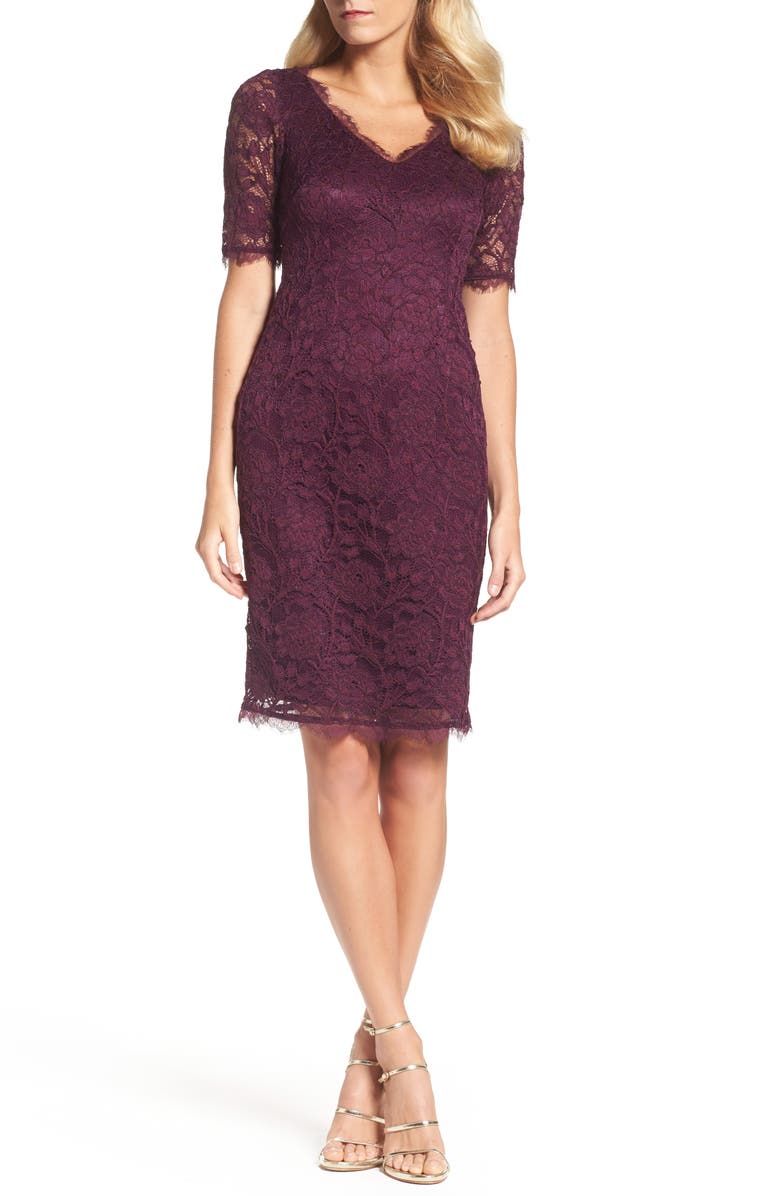 Adrianna Papell Rose Lace Sheath Dress, Main, color, Mulberry