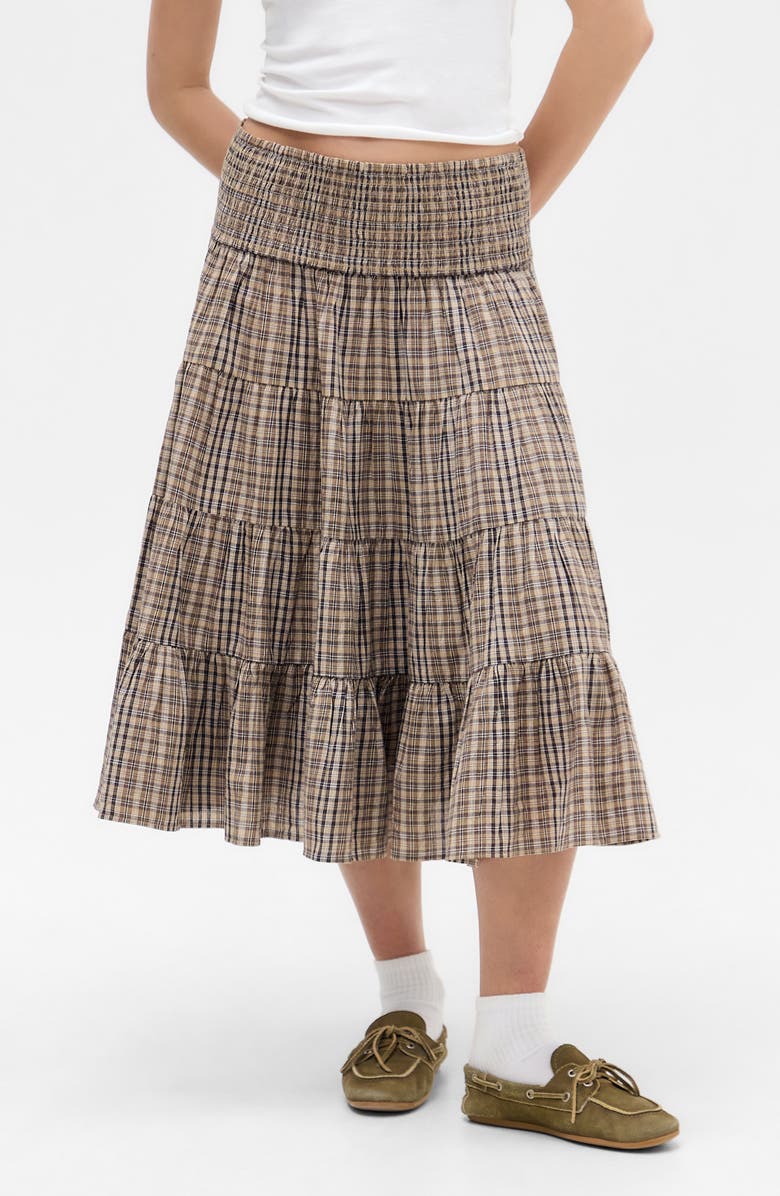 BDG Urban Outfitters Becks Smocked Tiered Cotton Midi Skirt, Main, color, Brown Check