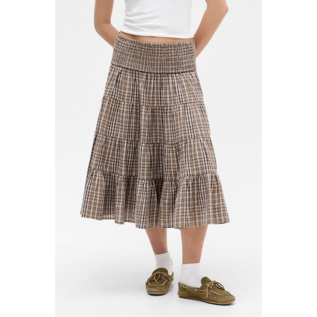 Bdg Urban Outfitters Becks Smocked Tiered Cotton Midi Skirt In Brown