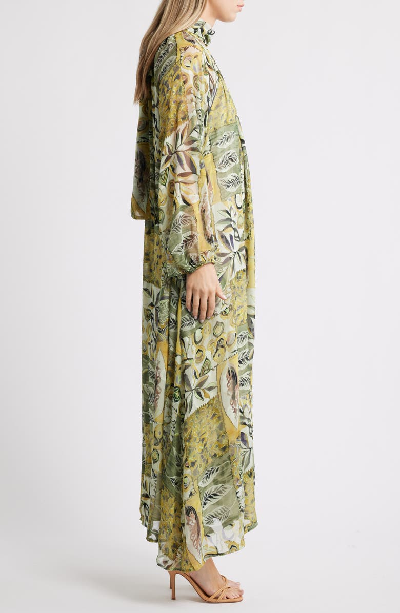 MELLODAY Botanical Tie-Neck Maxi Dress, Alternate, color, Green Multi Abstract