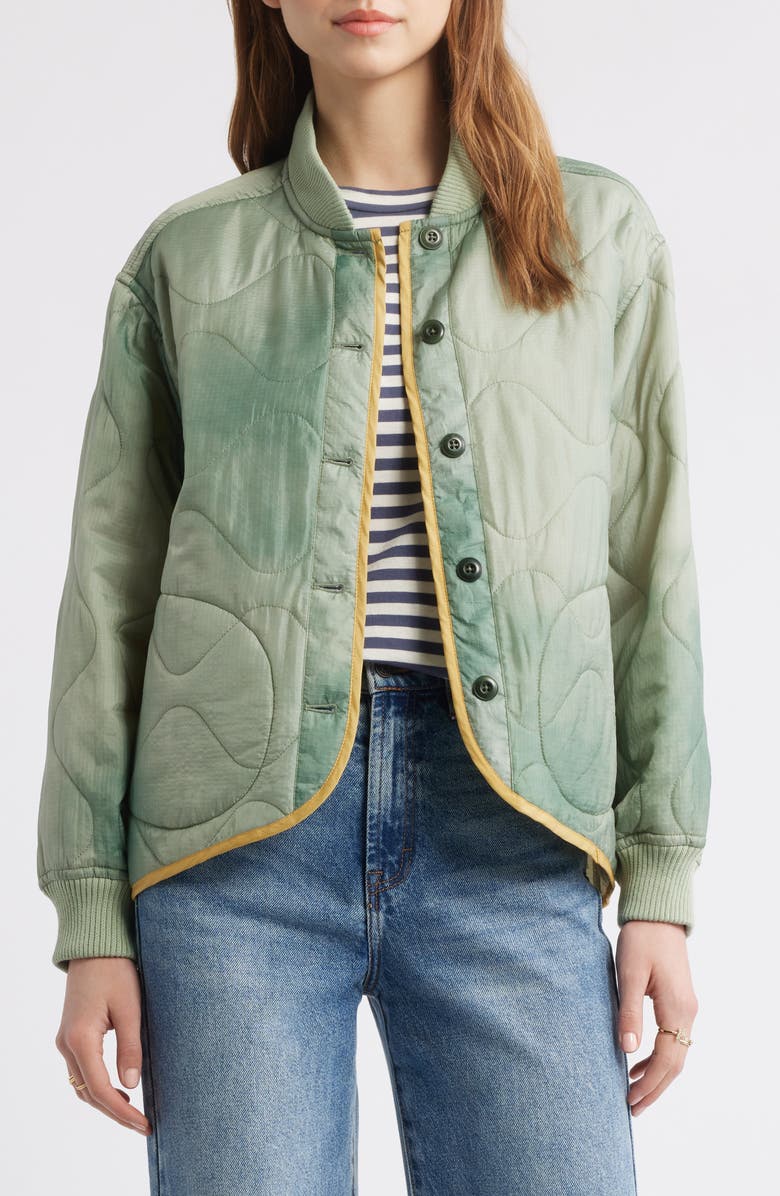 THE GREAT. The Quilted Liner Jacket, Main, color, Mottled Green