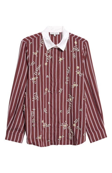 Oversize Floral Embellished Stripe Shirt