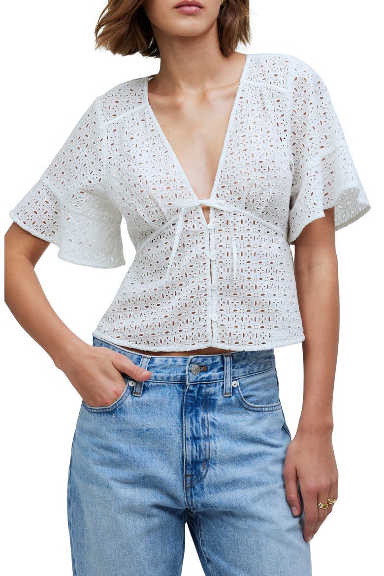 Eyelet Tie Front Top, Main, color, SOFT WHITE