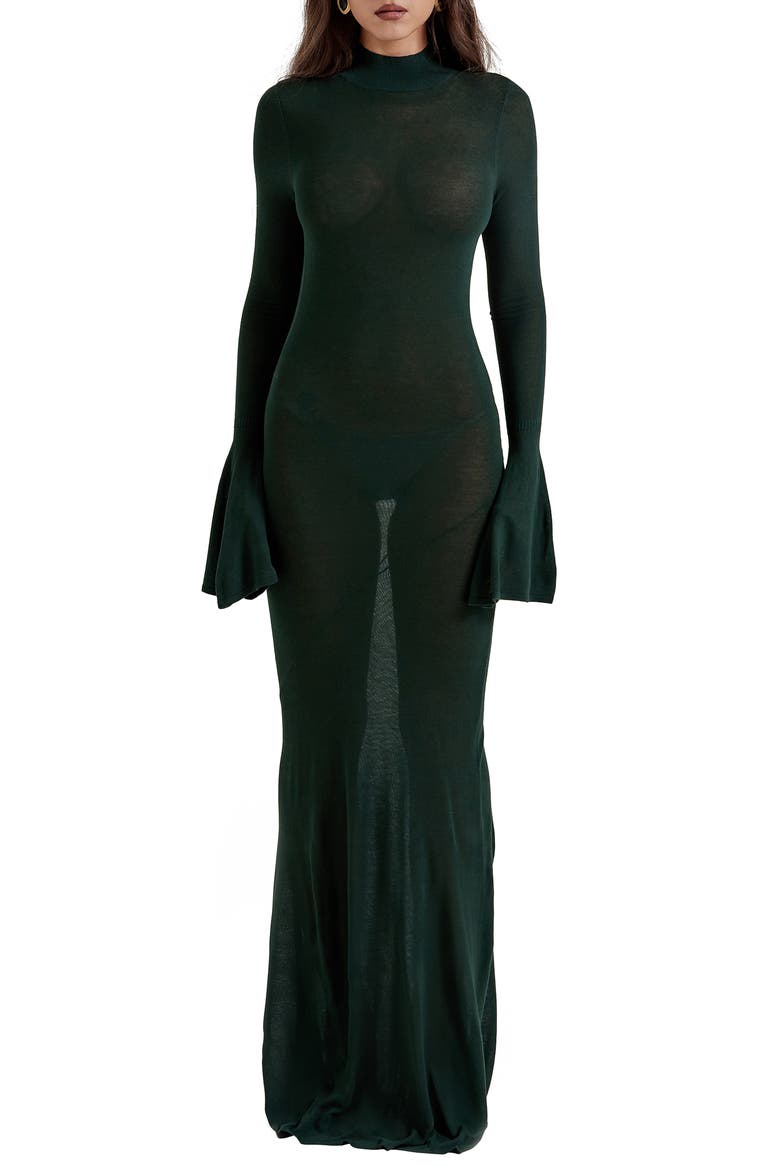 Sancha Open Back Long Sleeve Semisheer Body-Con Maxi Dress, Alternate, color, EMERALD GREEN