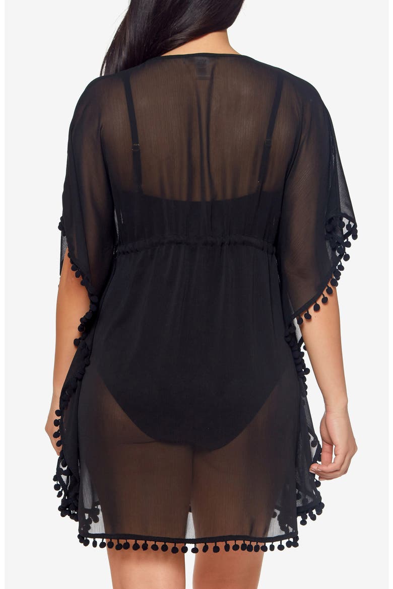 Gypset Pompom Sheer Cover-Up Caftan, Alternate, color, BLACK