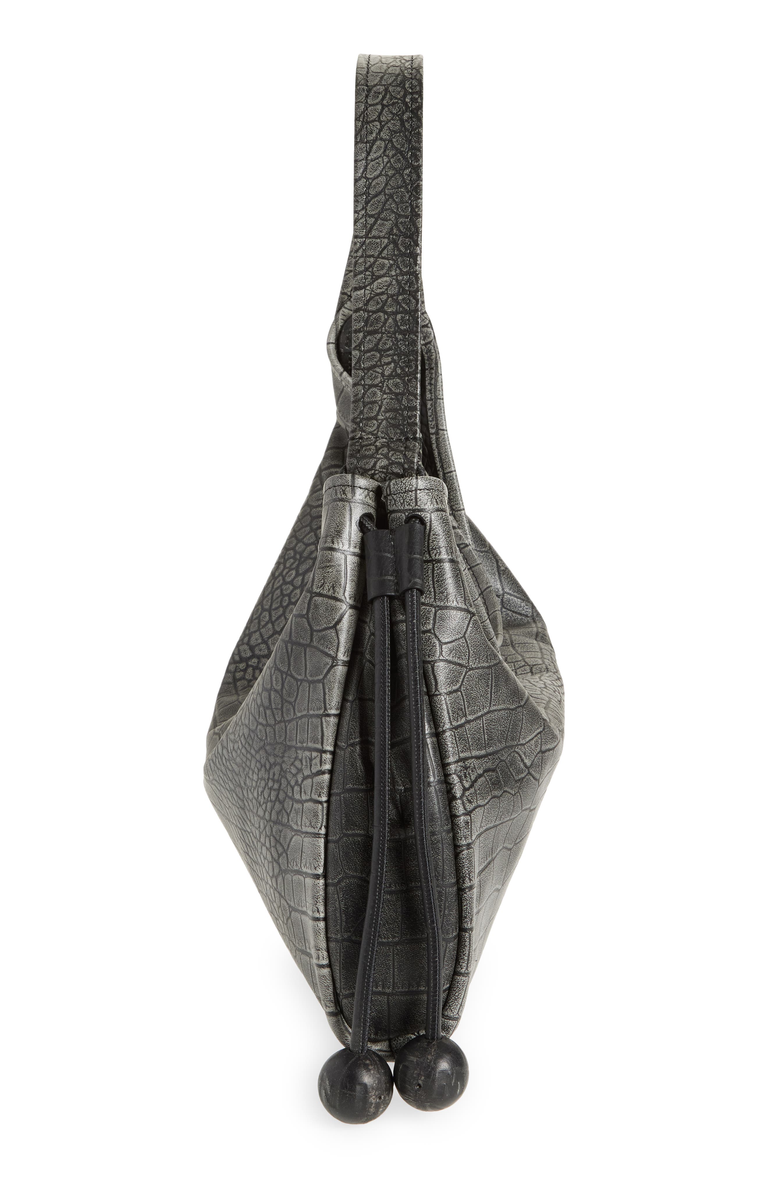 Marni Medium Croc Embossed Leather Hobo Bag, Alternate, color, 00N99 Black