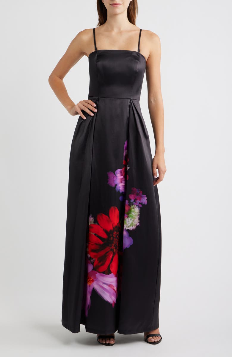 Eliza J Placed Floral Strapless Satin Ballgown, Alternate, color, Black Multi