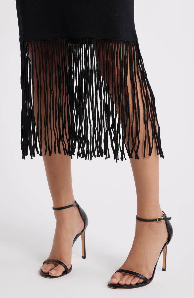 Elie Tahari Roma Fringe Hem Long Sleeve Body-Con Dress, Alternate, color, Noir