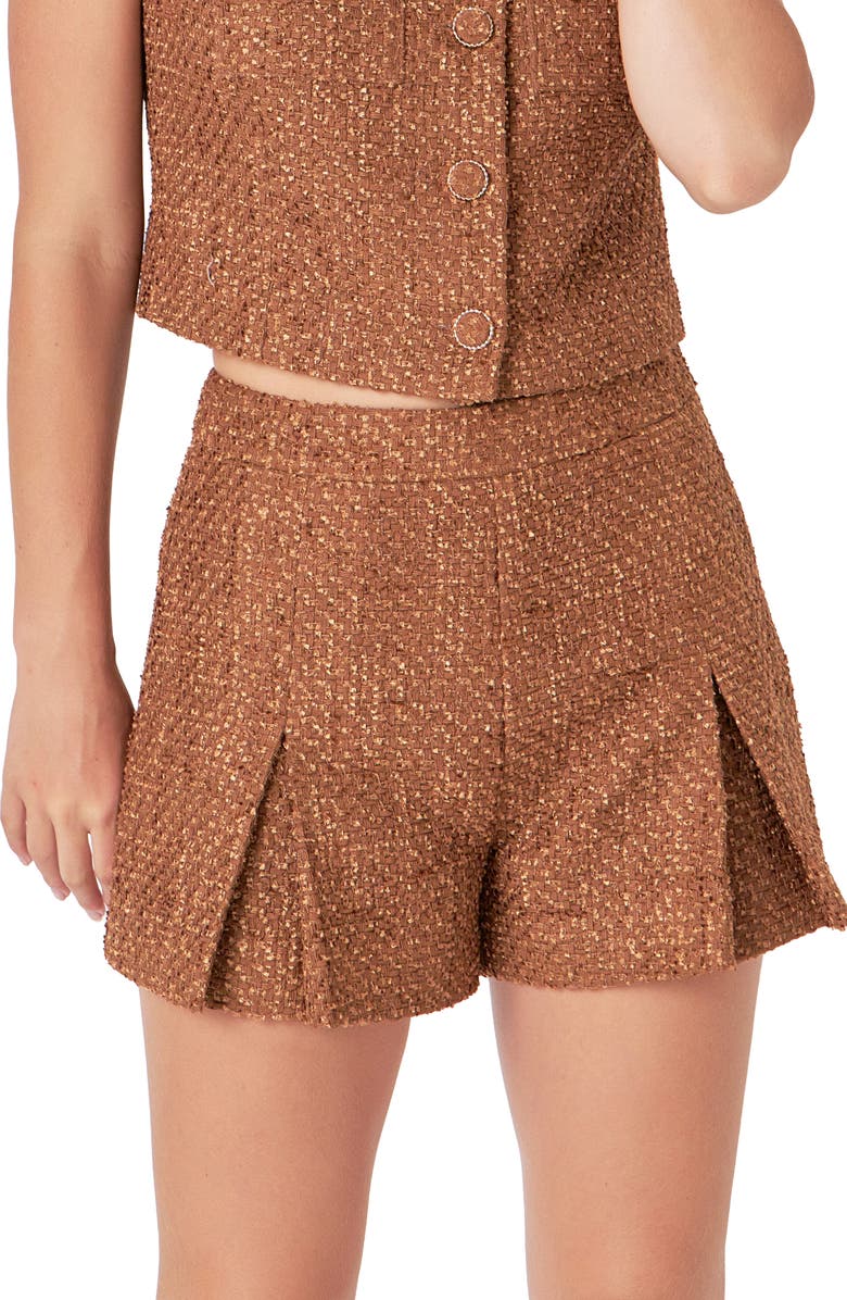 Endless Rose Pleated Tweed Shorts, Alternate, color, Camel