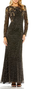Mac Duggal High Neck Long Sleeve Embellished Gown
