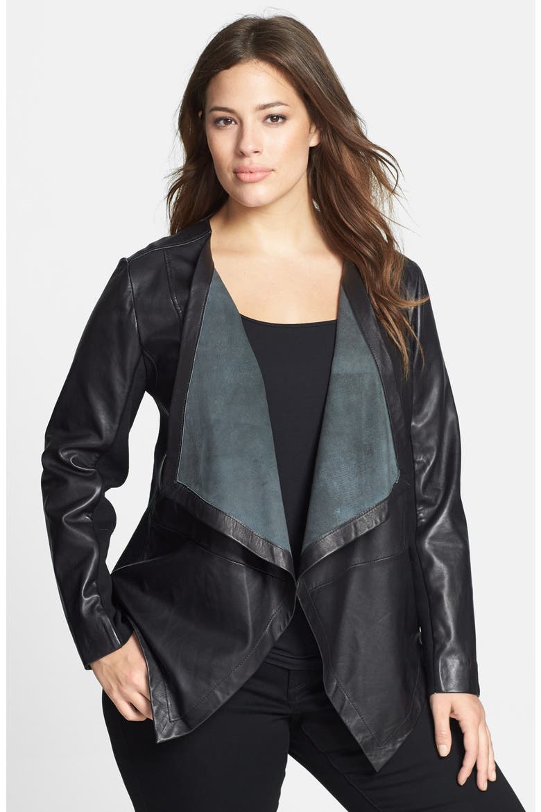 Waterfall Front Leather Jacket, Main, color, BLACK