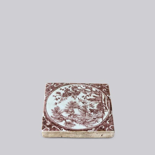 Cobalt Guild Hand Painted Porcelain Red And White Auspicious Deer Tile In Multi