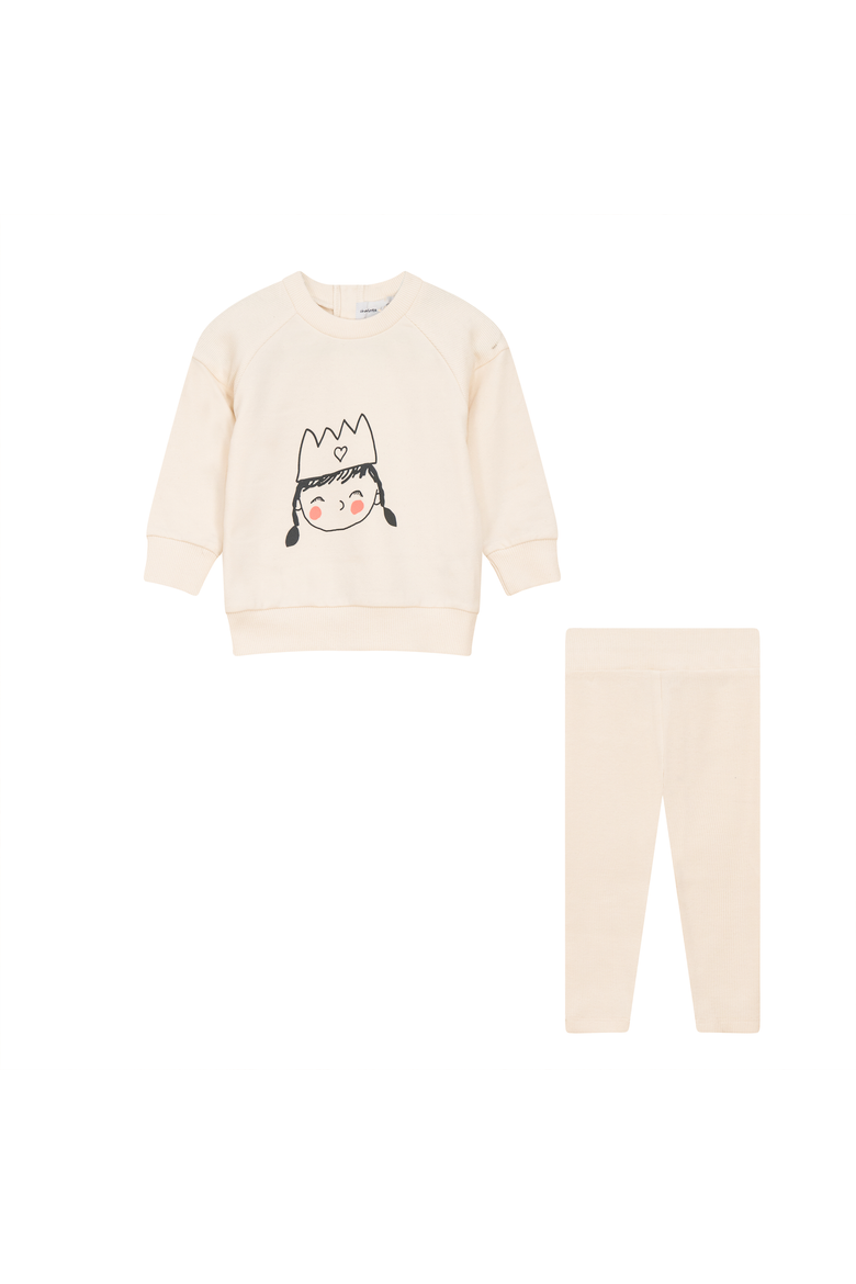 Girl Crown Print 2 Piece Long Sleeve Top and Ribbed Leggings Set, Main, color, Cream