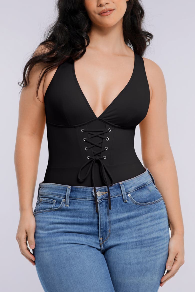 Plunge Lace-Up Tummy Control One-Piece Swimsuit, Alternate, color, Black