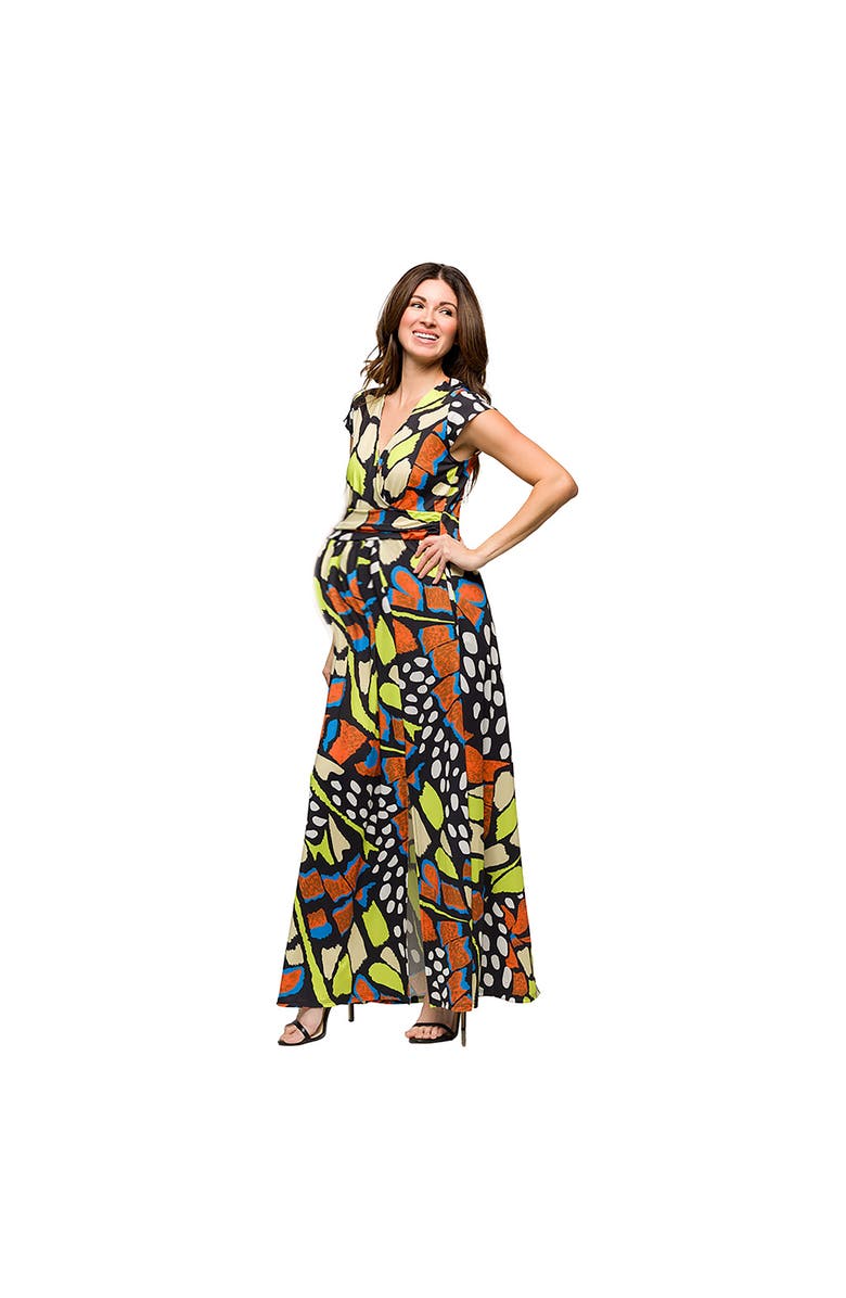 24seven Comfort Apparel Maternity Butterfly Print Cap Sleeve V-Neck Side Slit Pocket Maxi Dress, Alternate, color, Orange Multi