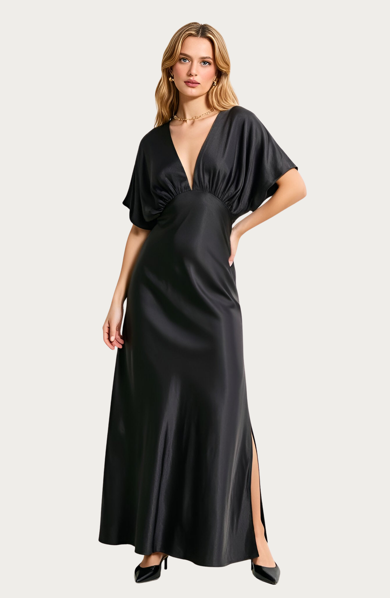 Modenaire V-Neck Maxi Dress with Gathered Empire Waist and Flutter Sleeves, Main, color, Black