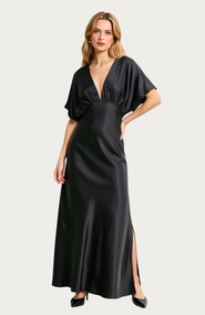 Modenaire V-Neck Maxi Dress with Gathered Empire Waist and Flutter Sleeves