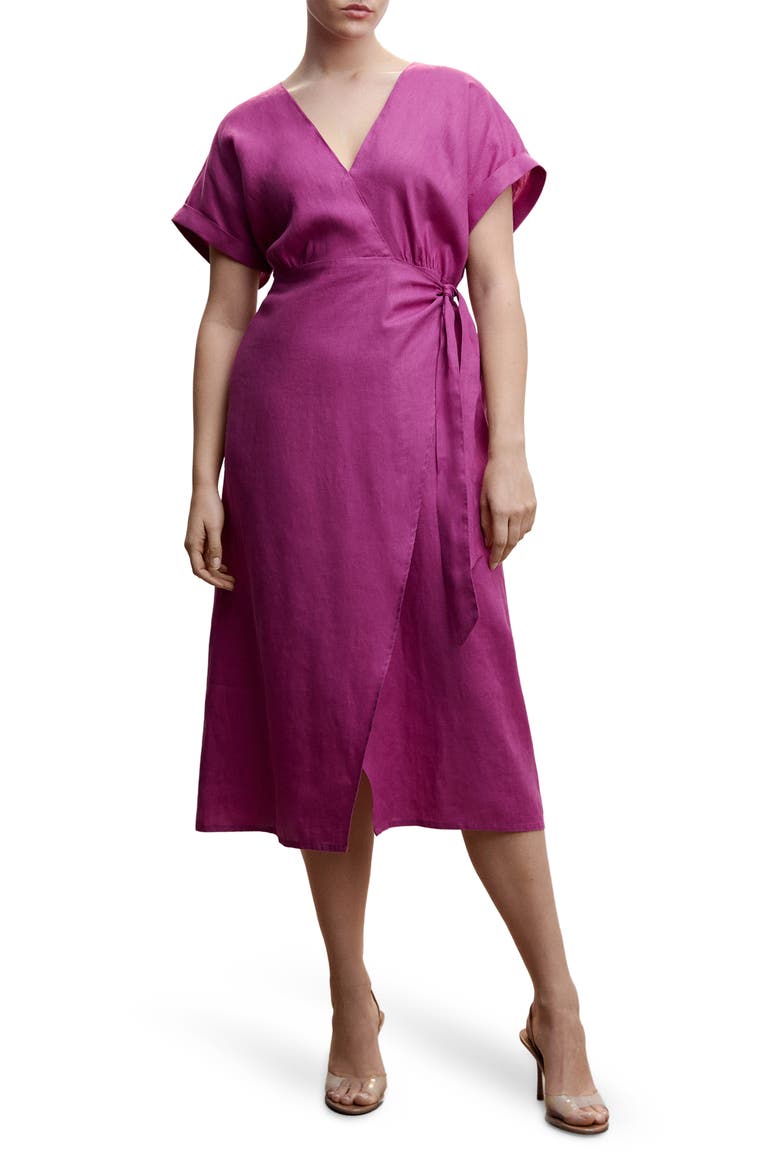 Wrap Bodice Linen Dress, Alternate, color, PURPLE