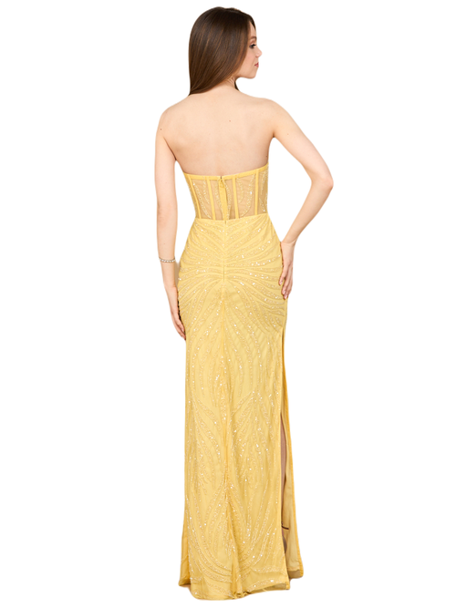 Lara New York Beaded Corset Prom Dress With Slit In Lemon