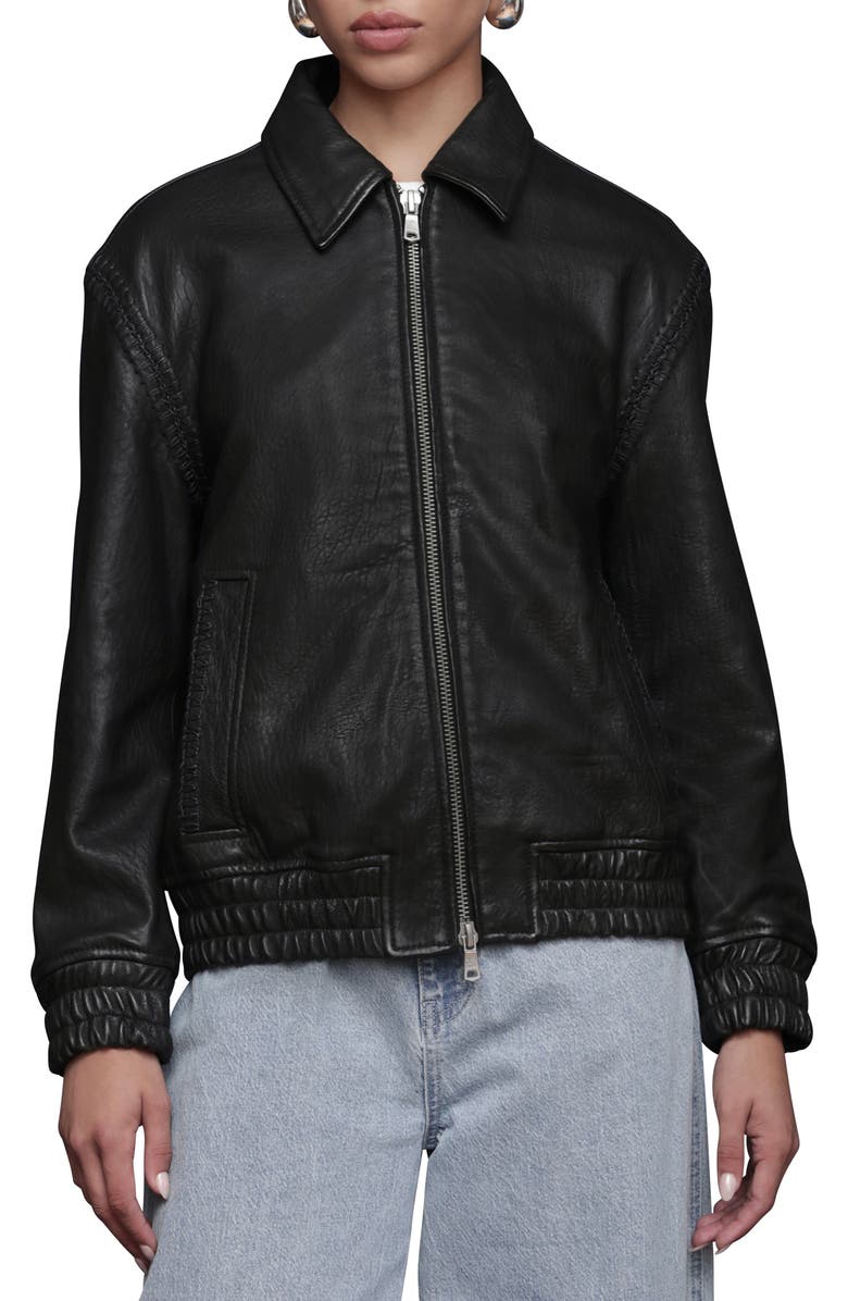 Avec Les Filles Leather Bomber Jacket with Embroidered Trim, Alternate, color, Black