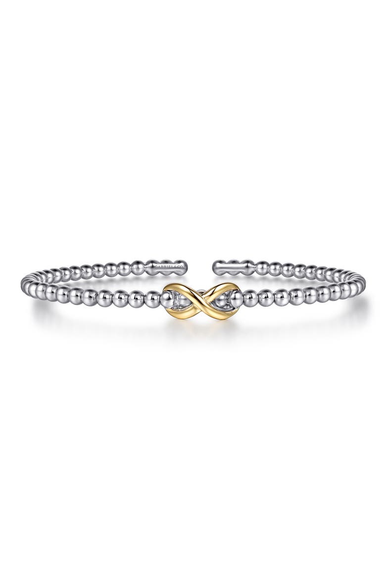 Infinity Sterling Silver & 14K Gold Cuff Bracelet, Main, color, SILVER/ 14K YELLOW GOLD