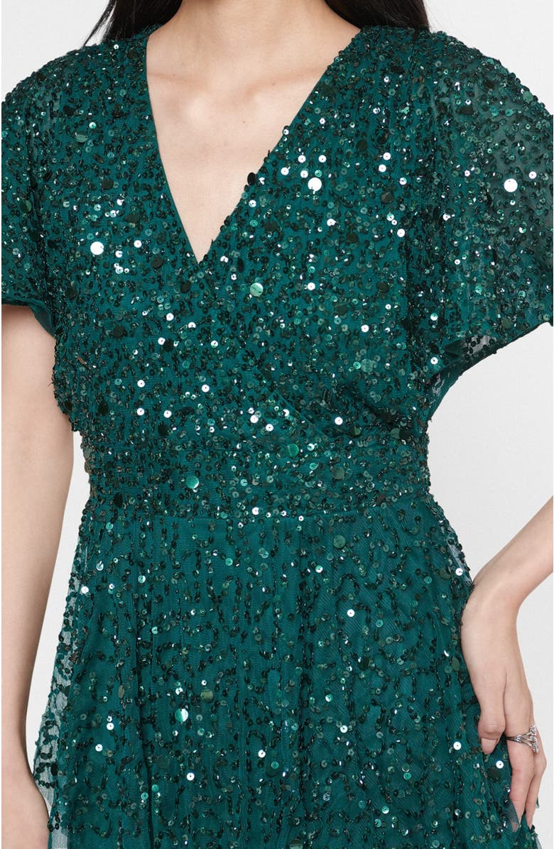 BEAUUT Occasion Embellished Sequin Beaded Short Sleeves Evening Midi Dress, Alternate, color, Emerald Green
